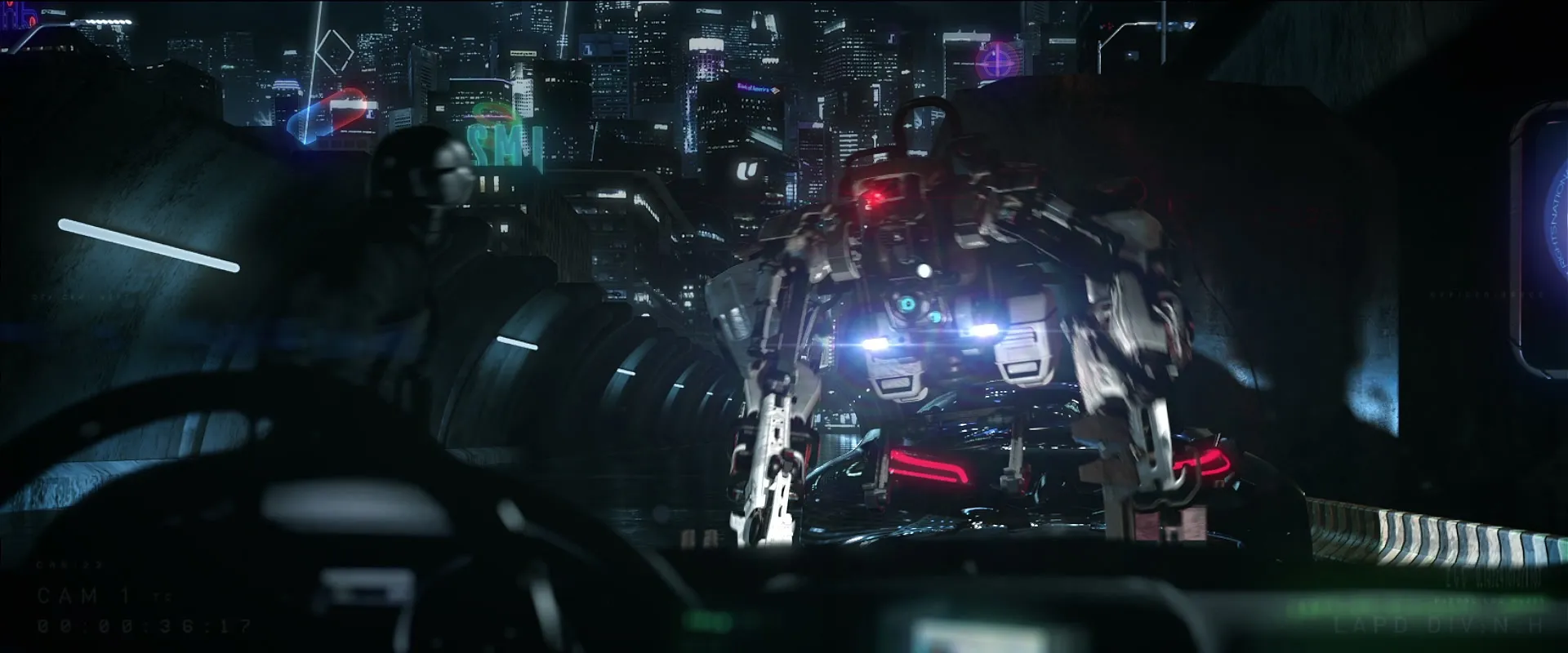 Through a police cruiser windshield, a mech with a red eye looms over a stopped car
