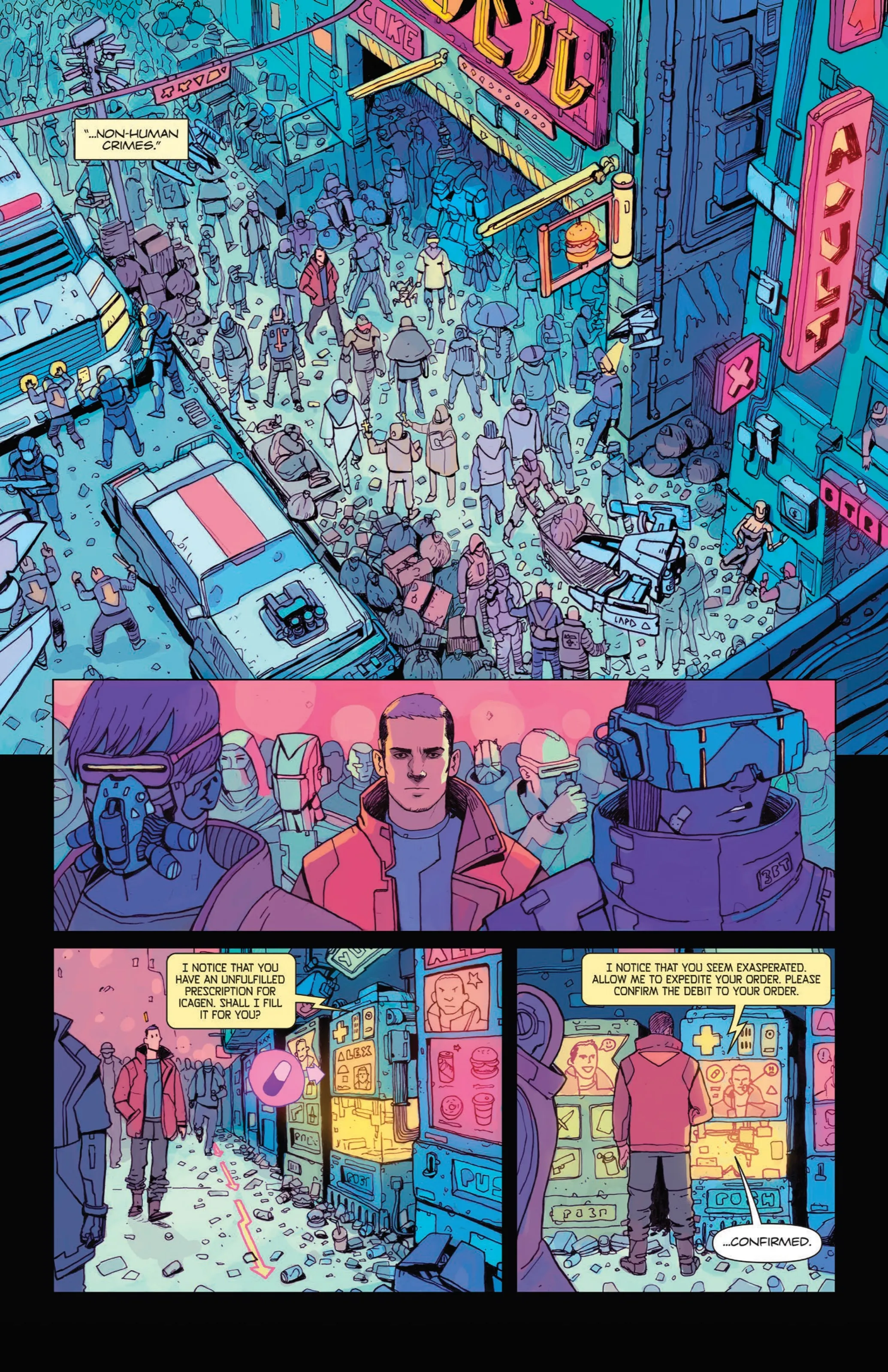 Comic page: a street crowd and a man in a red jacket among masked figures