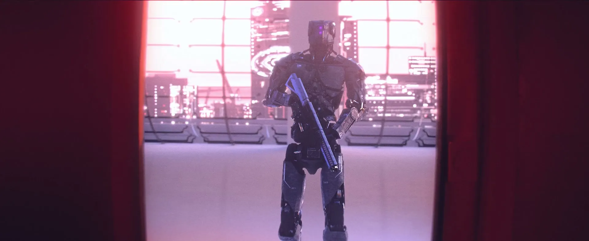 An armored android in a doorway framed by red curtains