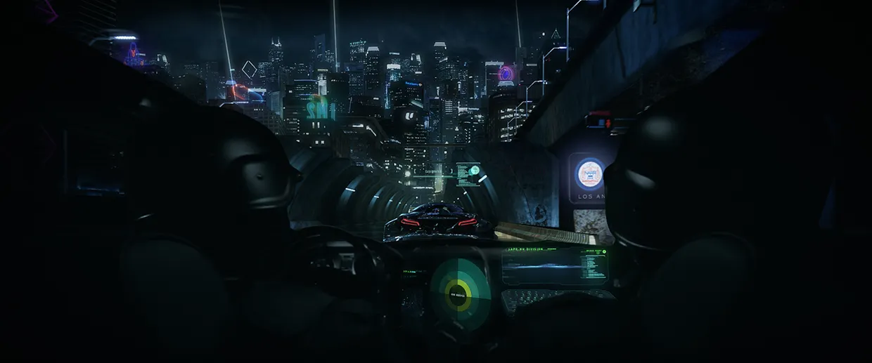Two helmeted officers in a patrol cruiser facing a neon Los Angeles