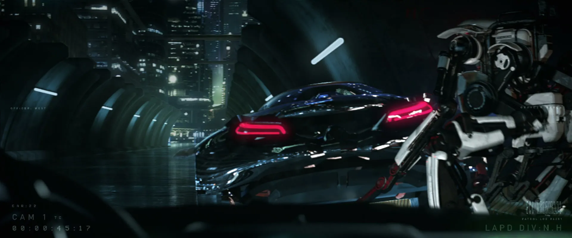 Dash-cam view: a mech stands beside a black car in a neon-lit tunnel