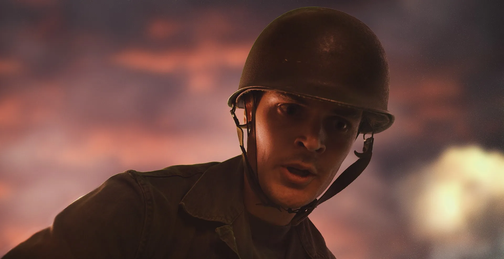 A soldier in a steel helmet under a burning sky, a real-time render from ARC